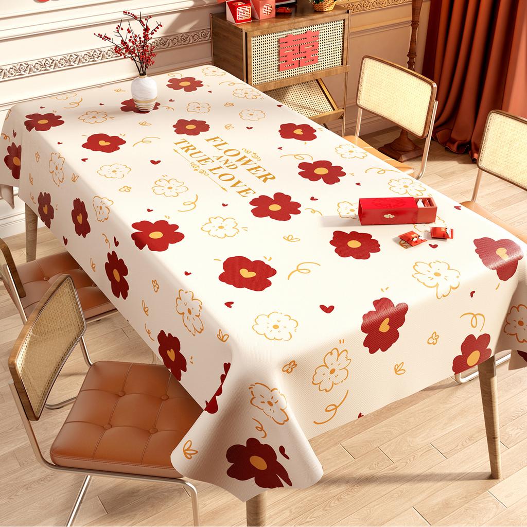 French Dining Table Cloth Waterproof And Oil-Proof Leave-In Coffee Table Tablecloth Light Luxury High-End Red Festive Rectangular Cover