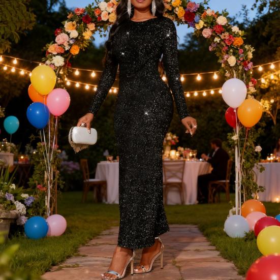 Women's Sequin Bodycon Maxi Dress Sparkly Crew Neck Long Sleeve Mermaid Dress Formal Party Cocktail Evening Gown