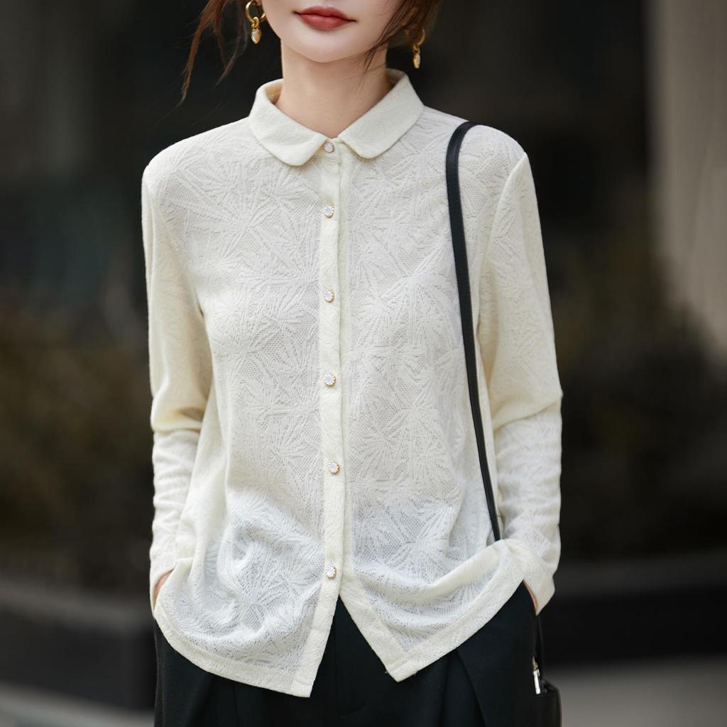 Women's Polo Collar Knit Cardigan - Autumn/Winter Jacquard Long Sleeve, Loose Fit, Versatile Design.