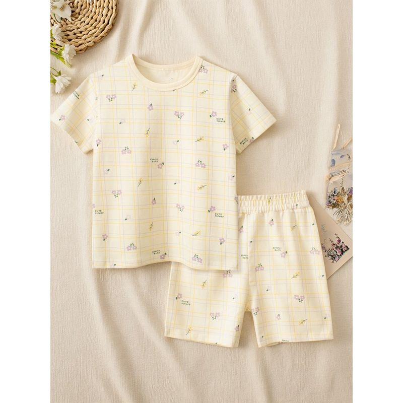 27Home Brand Summer Kidsren's Short-Sleeved Suit Lycra Cotton Home Clothes Pajamas Two-Piece Set Baby Girl Clothes