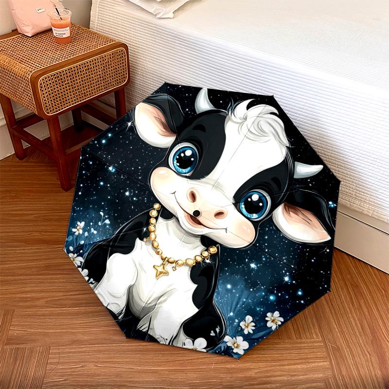 1 Stück Automatischer Faltregenschirm - Niedliches Kuhmuster, Tragbares & Faltbares Design mit 8 Speichen, Weihnachts-Geburtstagsgeschenke