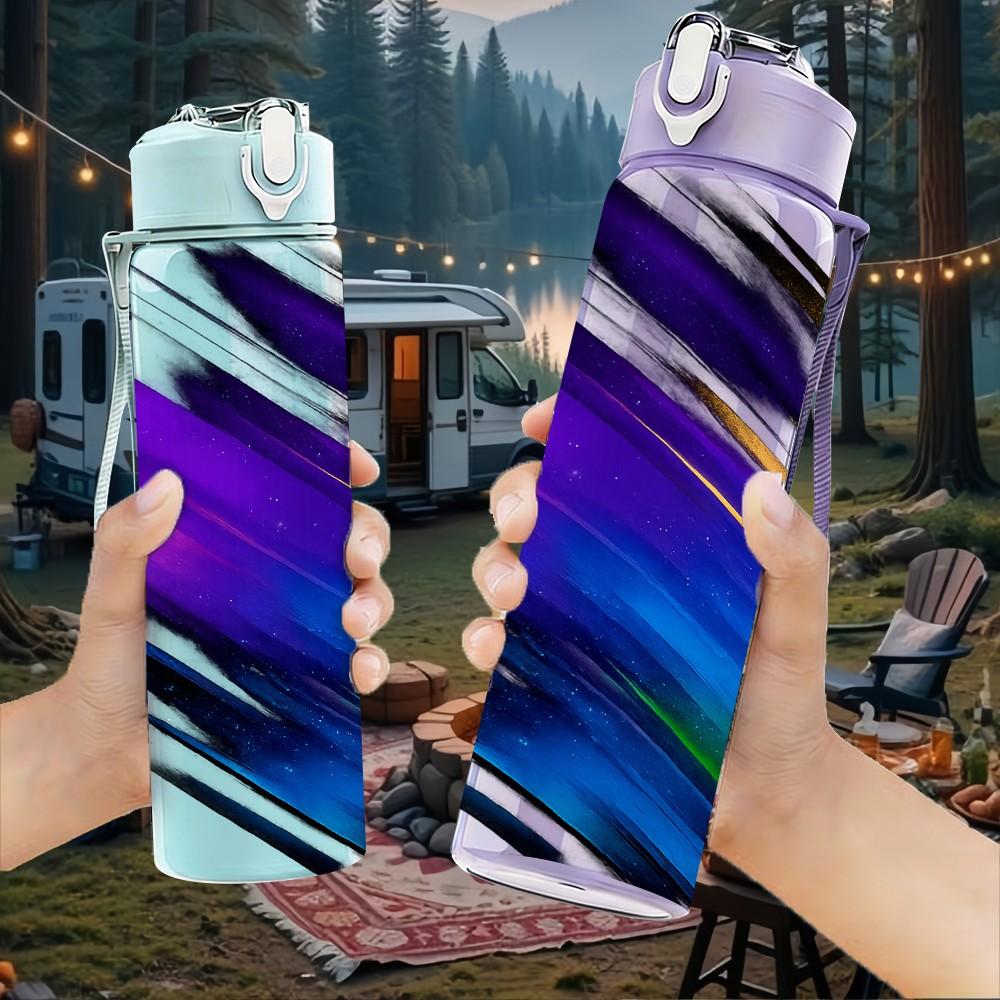 1PC Purple Blue Speed Motion Streak Print 750ml Color Plastic Sports Water Bottle Leakproof Flip Straw Lid Suitable for Sports Office Home Use