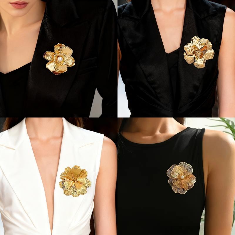 1 Stück Damen Großes Statement Elegantes Kragenzubehör Luxuriös Retro 3D Geschichtete Goldene Blume Brosche Für Party Hochzeit Täglich