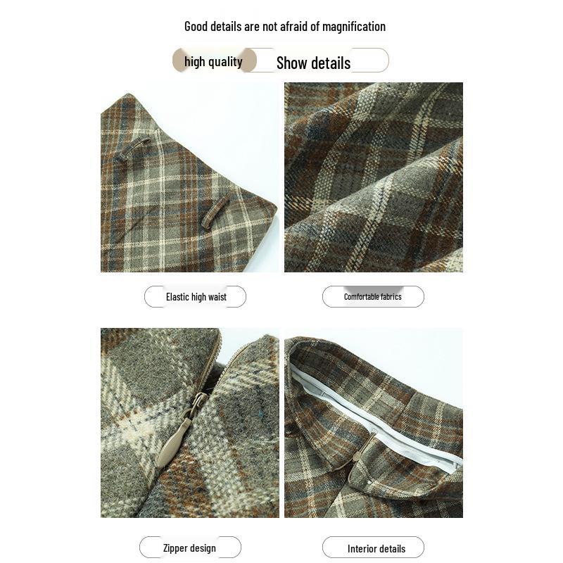 Roter Retro-Woll-Karo-Rock mit Schlitz - Herbst/Winter Beflockter, formender Hüftwickelrock