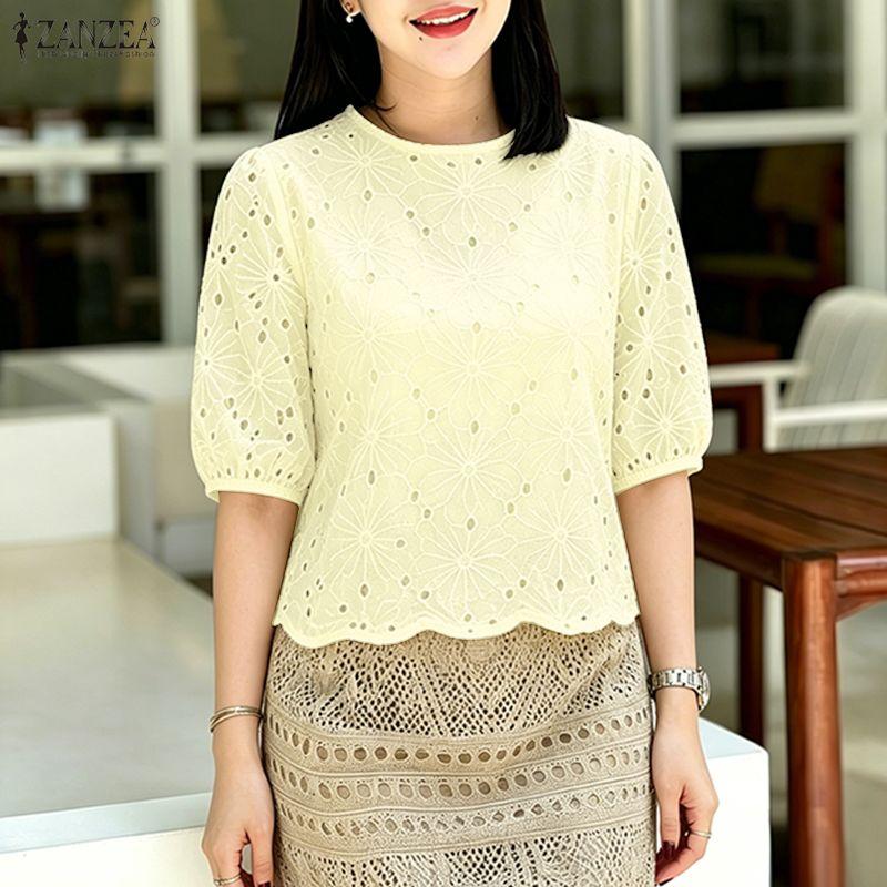 ZANZEA Women Casual Round Neck Lace Crochet Patchwork Summer Short Sleeve Blouse