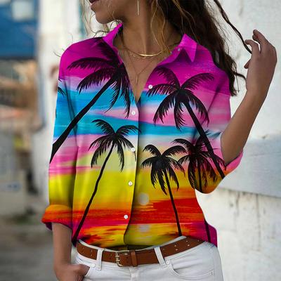 Blusa de Mujer con Estampado de Cocoteros Primavera Otoño Femme Oficina Dama Camisas de Botones con Cuello Vuelto