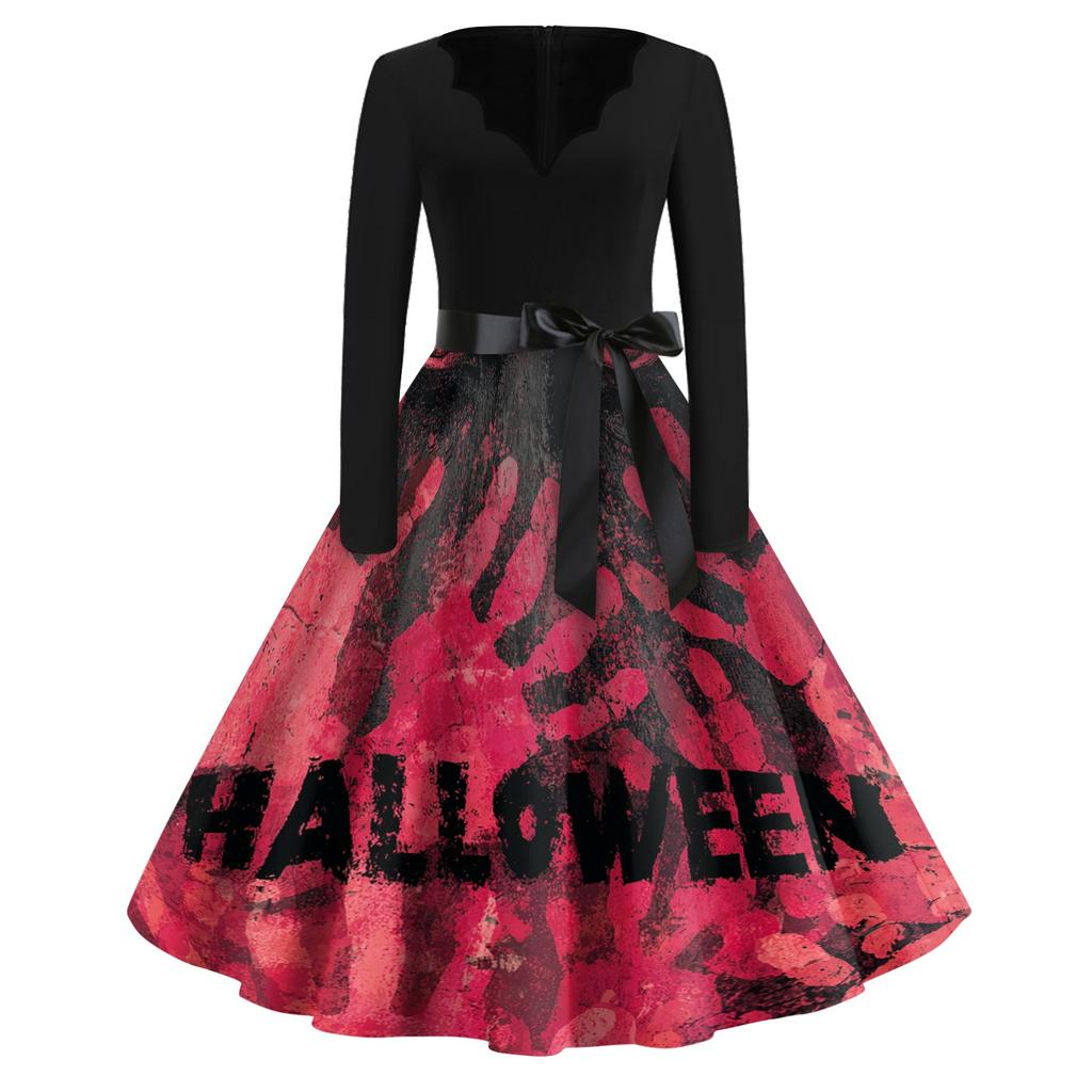 Womens Casual V Neck Halloween Print Vintage Dress Long Sleeve Retro Fit and Flare Midi Dress with Waist Tie Belt