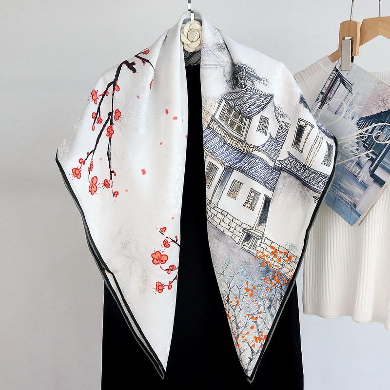 Jiangnan Water Town National Style Double-sided Heterochrome Dill Silk Scarf 110 Large Square Scarf Mulberry Silk Silk Scarf Shawl