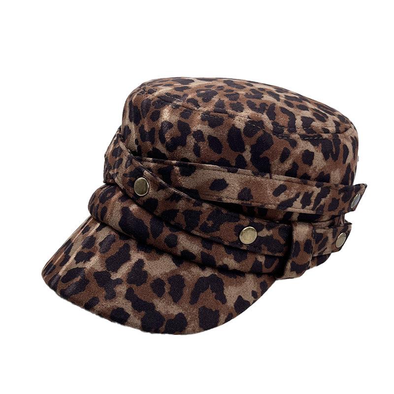 Korean leopard print suede bucket hat women's autumn and winter wide brim sunshade pile hat rivet personality show face small flat top hat