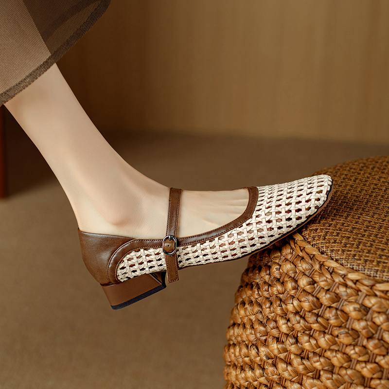 Krazing Pot Cow Skin Weaving Summer Size 41 Low Heels Party Shoes Women Square Toe Gladiator Hollow Out Pumps