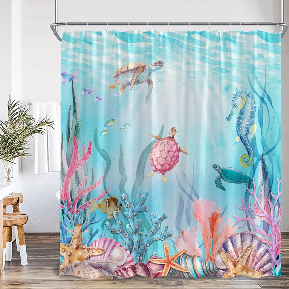 Undersea Cartoon Shower Curtain Sea Turtle Coral Seaweed Tropical Fish Ocean Bathroom Decor Polyester Fabric Bathtub Curtain