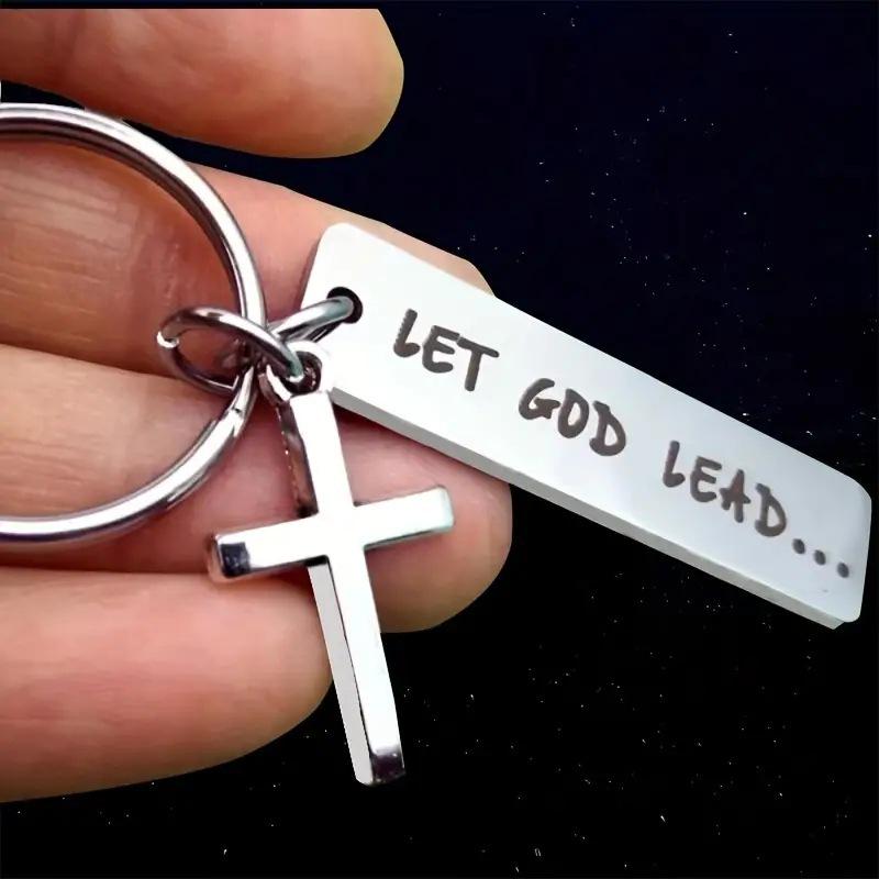 Temu Hot-Selling Engraved Cross Keychain & Backpack Pendant with 'Let God Lead' Message