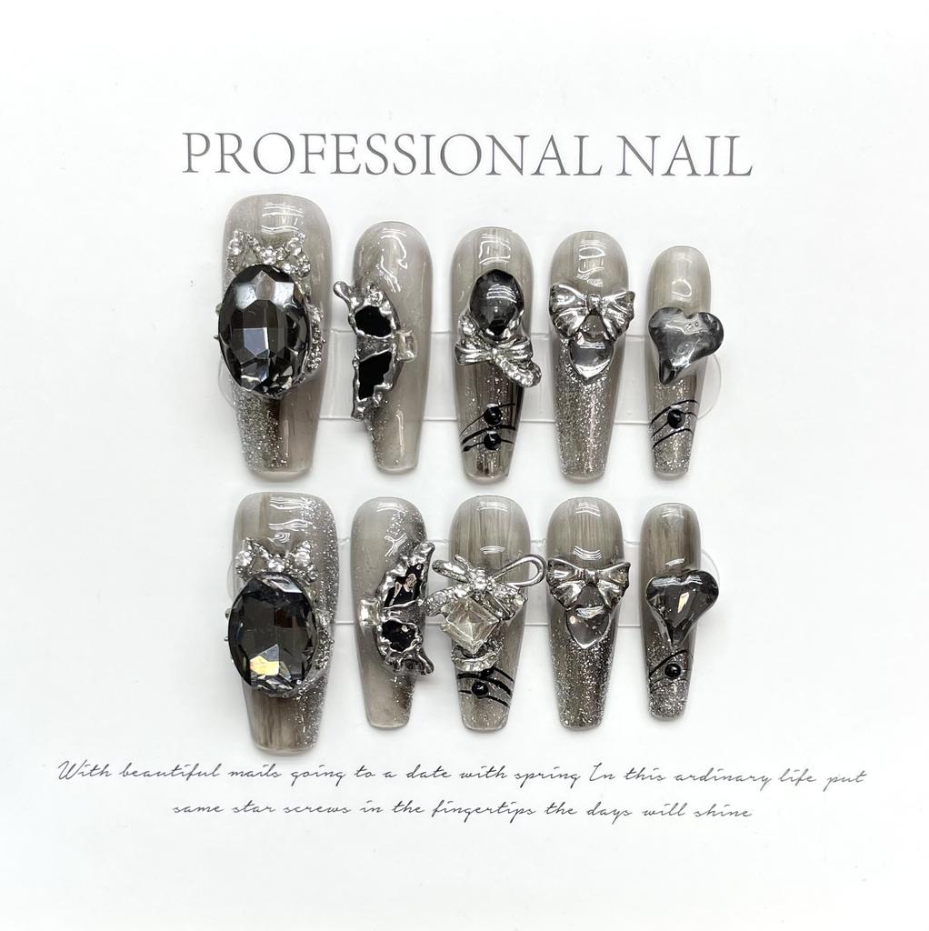 Handmade Punk Black Chain Tassel Press On Nails With Glitter Diamond Bowknot Butterfly Y2K False Nail Tips