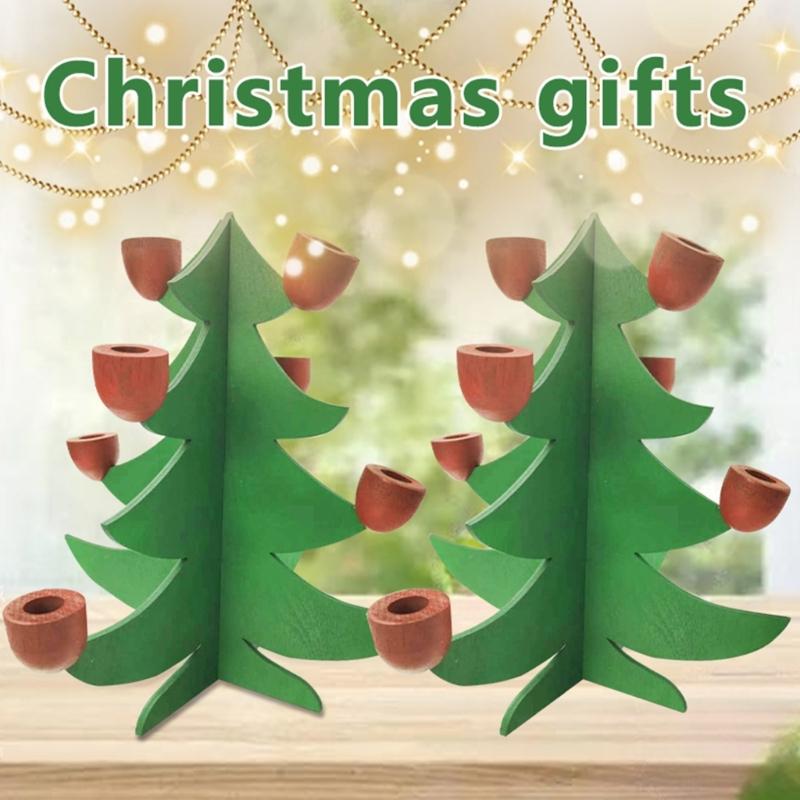 Warm Glowing Christmas Tree Shape Candle Holder Wood Crafts Tapered Candle Stand Candlestick for Seasonal Party Decors