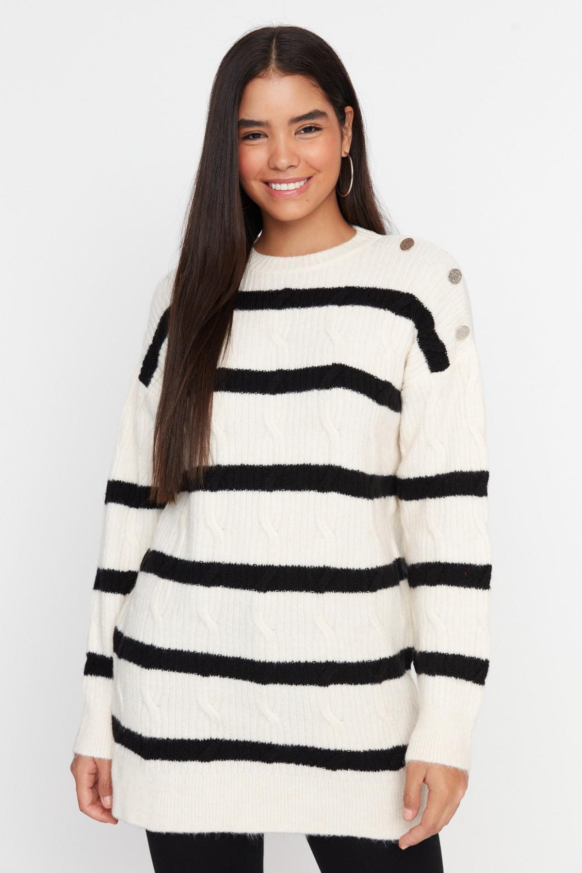 Свитер из трикотажа с полосками цвета экрю и пуговицами на плечах TCTAW23AK00063