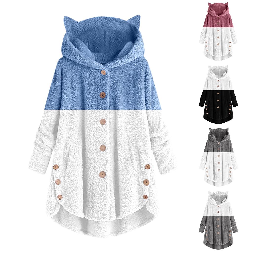 Women's Button Hooded With Pockets Cat Ears Plush Top Irregular Print Splicing Jacket