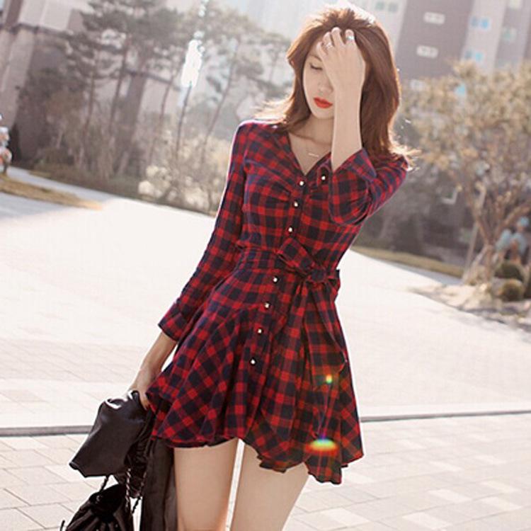 Korean Slim Fit Red Plaid Waist-Defining Shirt Dress for Spring/Autumn