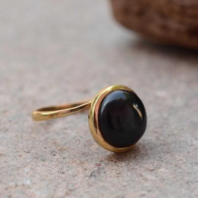 Black Onyx Gemstone Ring, Yellow Gold Ring, Stacking Ring, Handmade Ring, Bezel Ring, Women Ring, 925 Sterling Silver