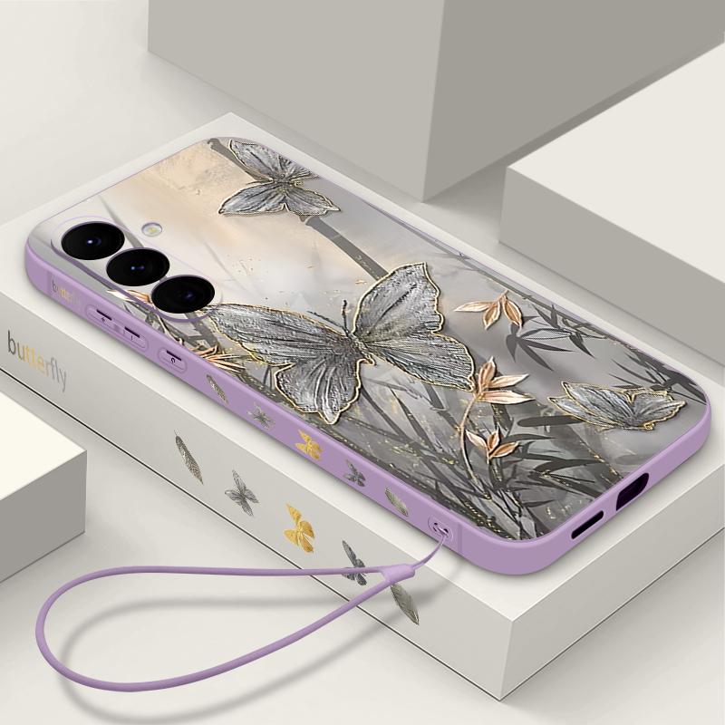 Lanyard Case For Samsung Galaxy S25 Ultra S24 S23 S22 Plus S21 FE A15 A16 A35 A36 A54 A55 A56 5G Bamboo Butterfly Printed Case Capa Coque