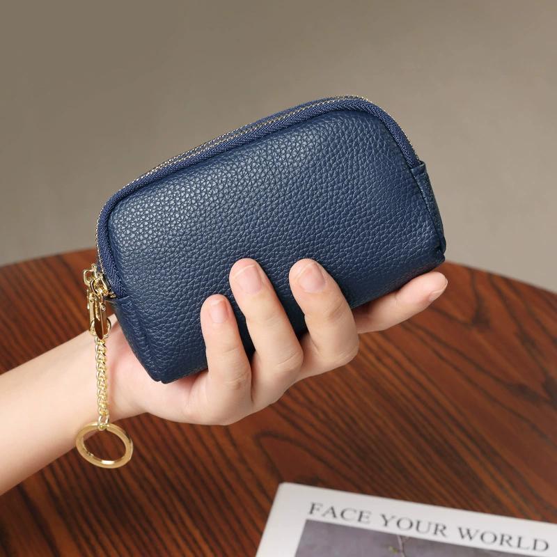 Women Leather Zipper Pouch Wallet with Keychain – Compact Coin Purse, Card Holder, Double Zipper, Everyday Carry Organizer
