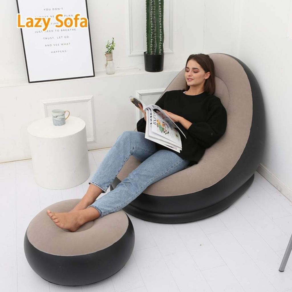 Inflatable Lounge Chair : Lazy Flocking Recliner, Air Couch Sofa for Indoor, Outdoor, Travel & Camping (No Pump)