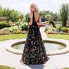 Sexy Deep V Sleeveless Embroidered Ball Gown with Slim Backless Design