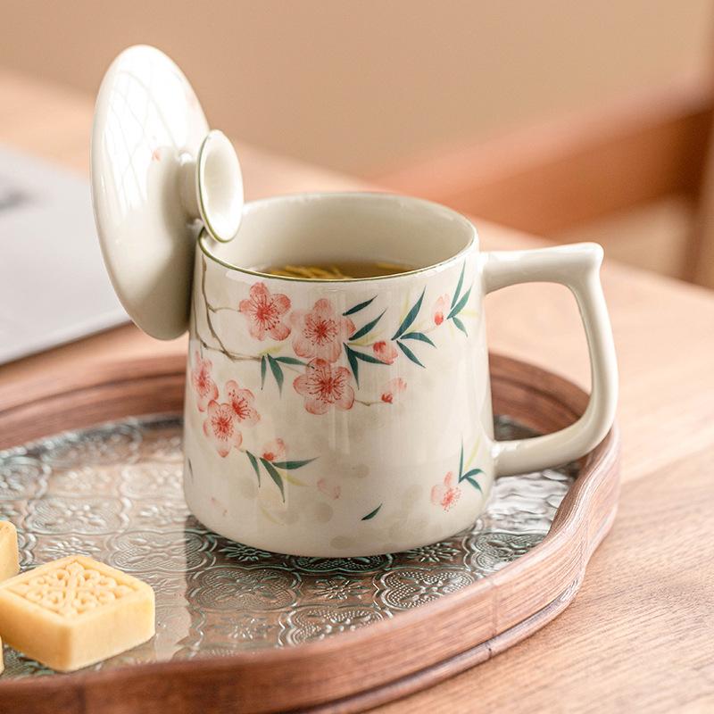 Hand-painted Peach Blossom Ceramic Mug with Lid Coffee Milk Water Cup Household Tea Cup Office Drinkware