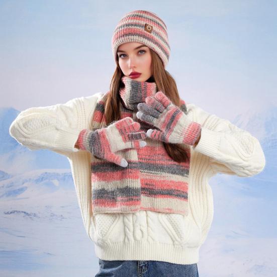3Pcs/Set Women Winter Hat Scarf Gloves Set Thickened Velvet Lining