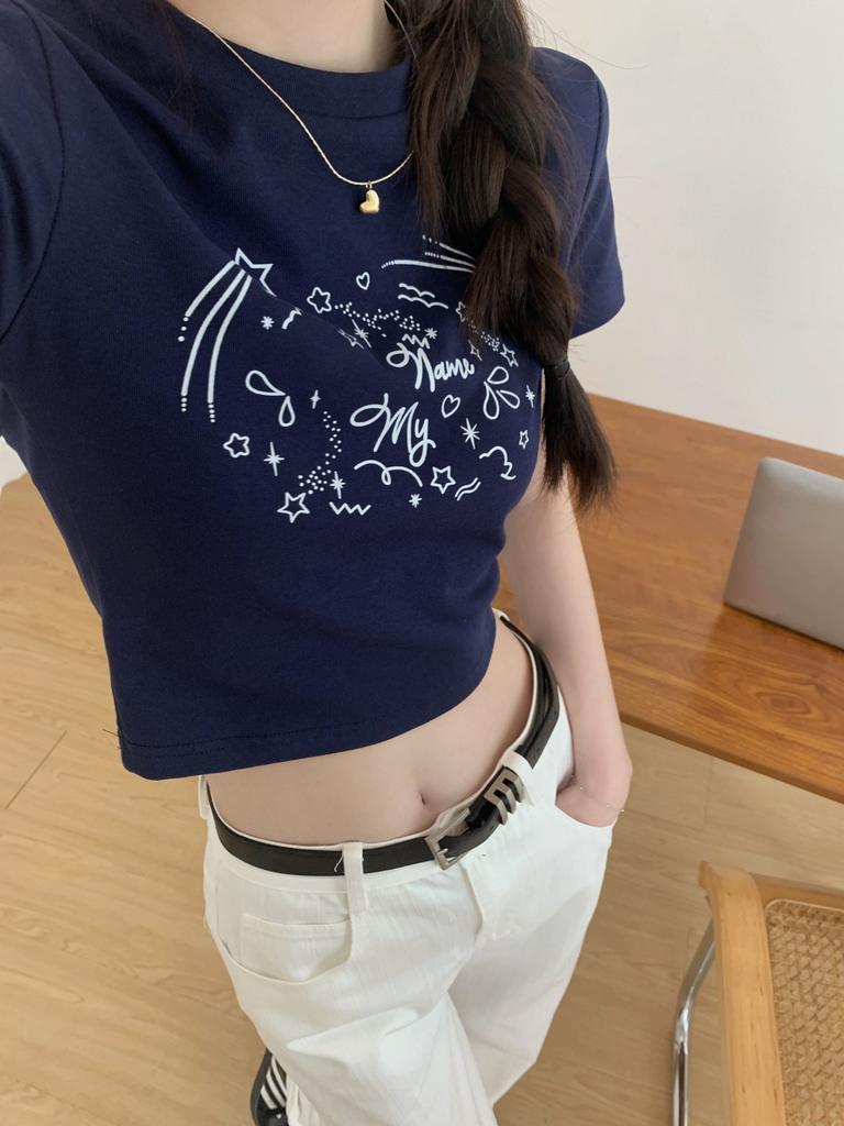 Women's Crew Neck Short Sleeve Crop T Shirt Slim Fit Cute Star Printed Casual Summer Cropped Blouse