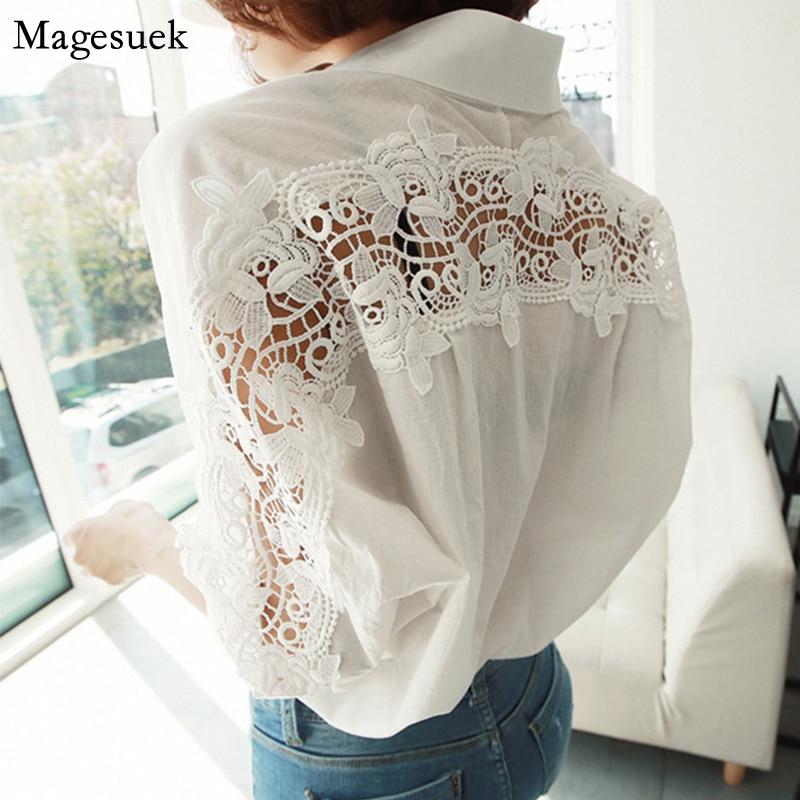 Turn-down Collar Cotton White Blouse Shirts Women Embroidery Floral Hollow Out Sexy Female Shirt Tops Loose Casual Blouses 1310