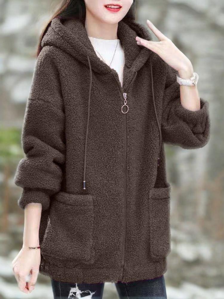 Lamb fleece hoodie for women with thickened fleece, loose autumn and winter Korean zipper cardigan, teddy fleece