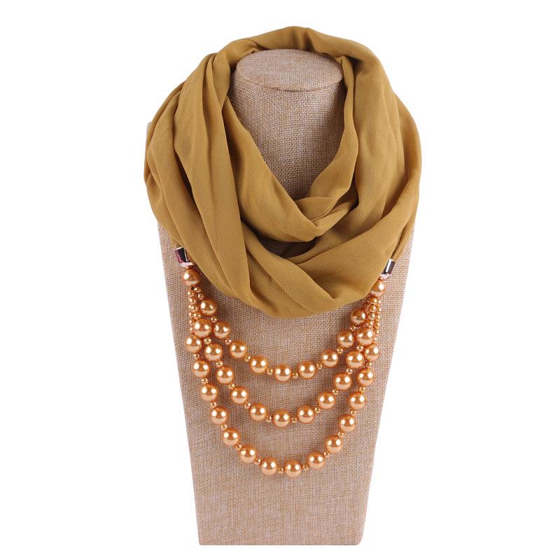 Elegant Chiffon Scarf Necklace with Double Layer Pearl Beads – Classic Women’s Fashion Accessory for Everyday & Formal Wear