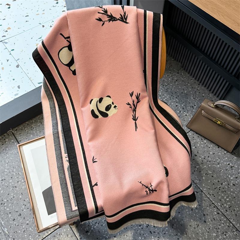 Original panda cartoon pattern simple and versatile warm pink and blue scarf women wear long scarves in winter