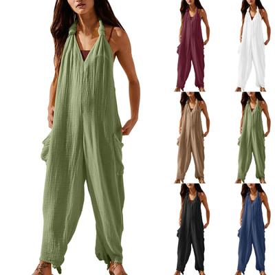 Ladies' Casual Loose Solid Color V-Neck Strap Pocket Sleeveless Jumpsuit Sleeveless Jumpsuit