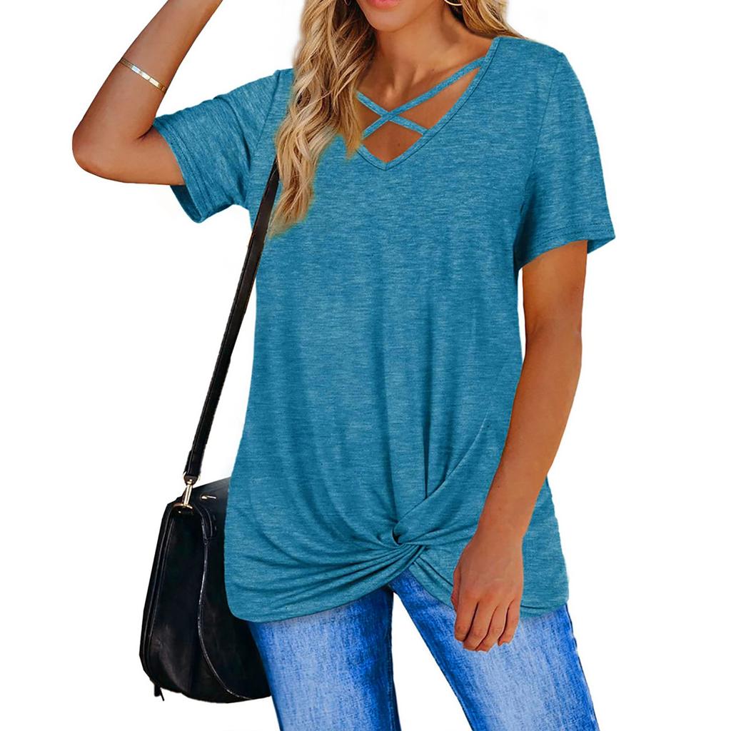Women's Casual Fashion Sexy Solid Color Pullover Comfortable And Cool Cross V-neck Short-sleeved Loose T-shirt