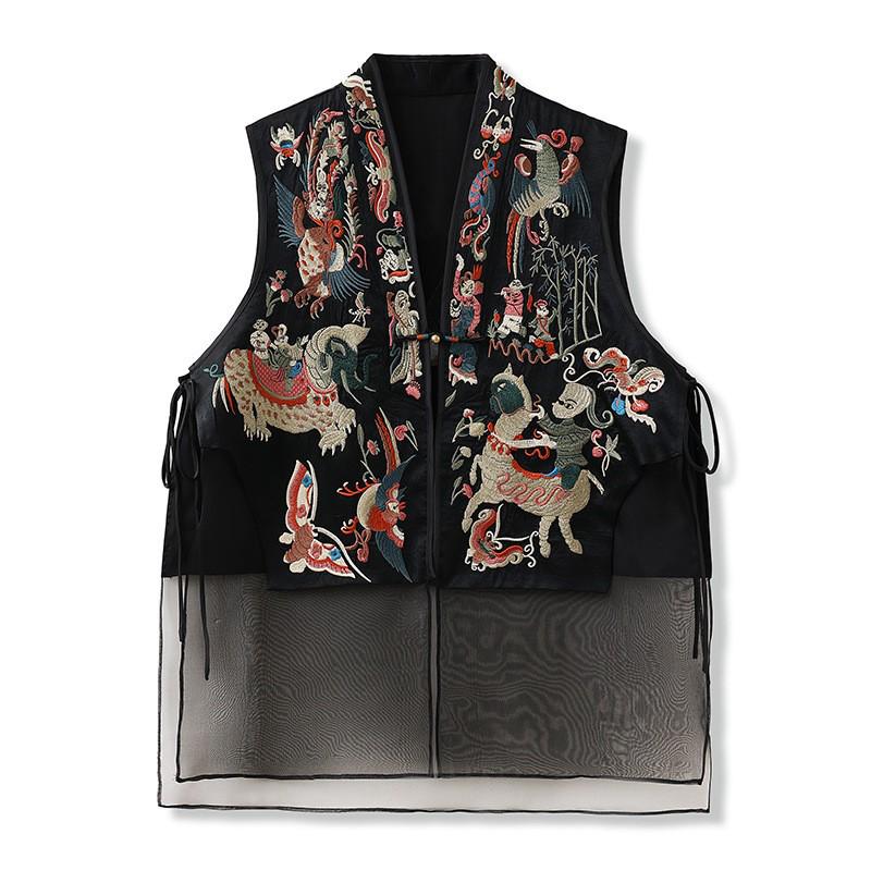 2026 Chinese Style High-End Mulberry Silk Embroidered Frog Button Mesh Retro Women's Vest M6063