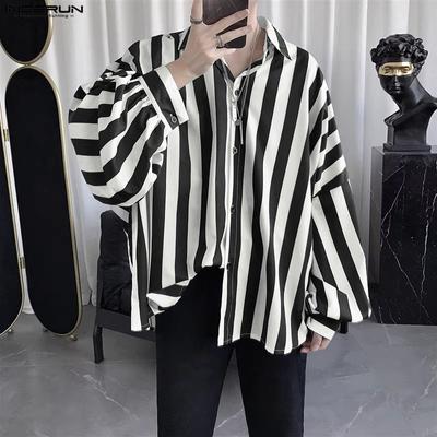 Camisas e Tops Masculinos Casuais Oversized de Lapela com Ombro Caído e Manga Comprida Listradas com Botões