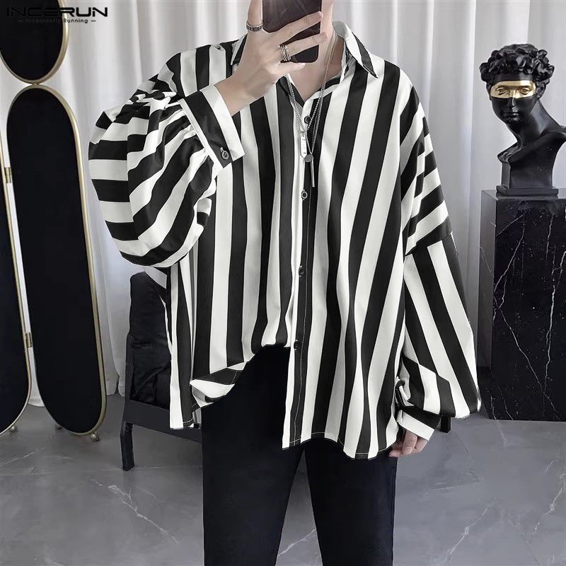 INCERUN Oversized Men Casual Lapel Neck Drop Shoulder Long Sleeve Striped Buttons Shirts Tops