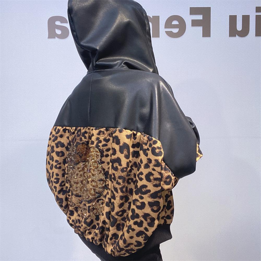Autumn and Winter Leopard Print Patchwork Leather Cardigan Women's Hot Diamond Long-sleeved Top Versatile Bat Sleeve Leather Jacket