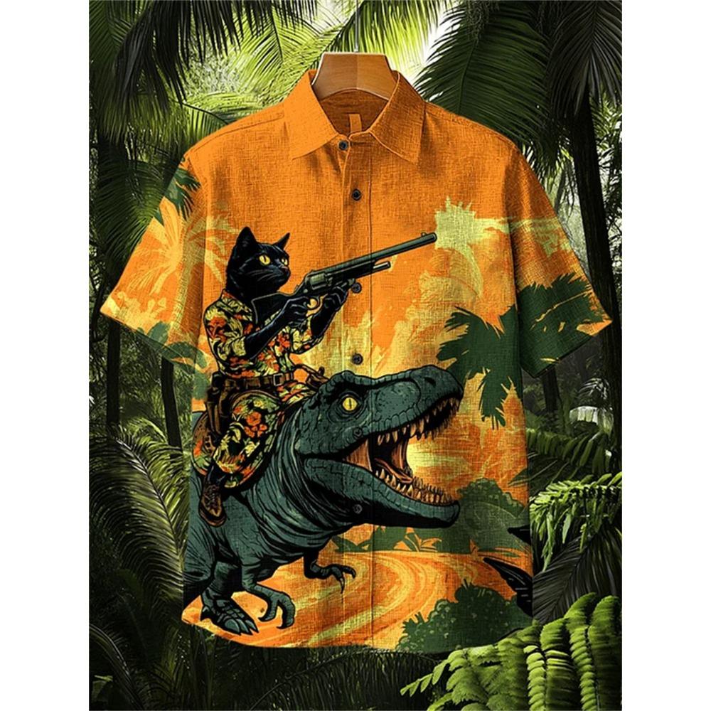 Herren Kurzarmhemd mit Samurai-Katzen-Showdown-Print, Lässiges Hemd mit Kragen, Trendiges Design, Lockerer Schnitt, Einzigartiger Stil, Schnelle Lieferung