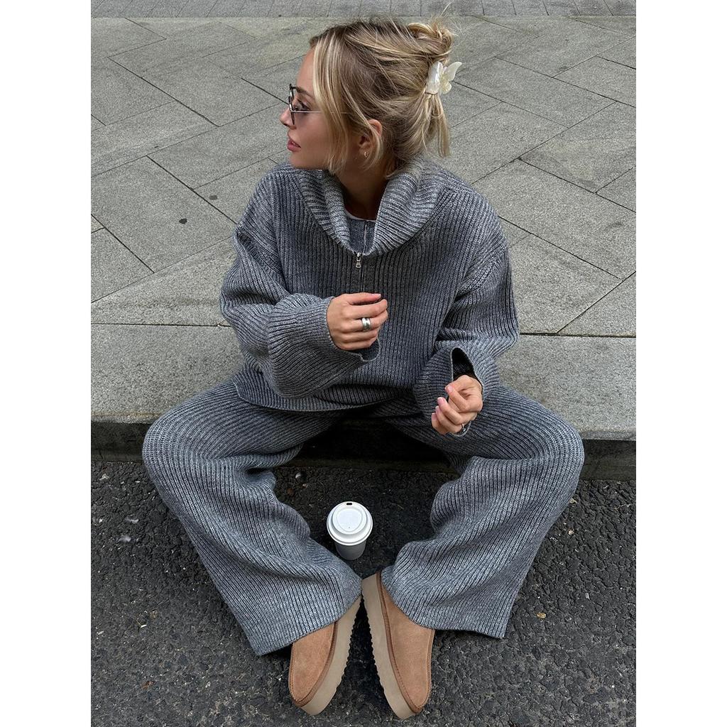 2025 Herbst Winter Neues Damen Strickpullover Set mit Halbreißverschlusskragen Langarm Weitbein Hose Outfit für Europa und Amerika