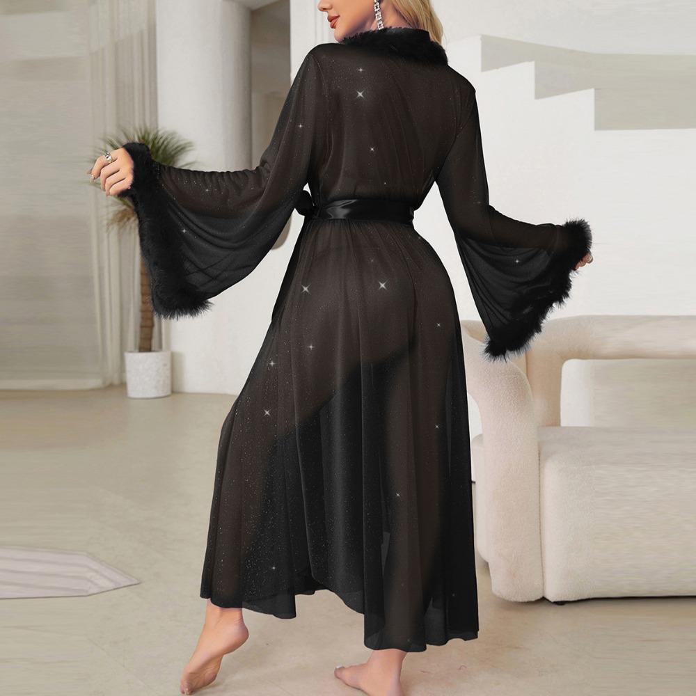 Sølv Silke Pyjamas Lett Luksus Langermet Myk Kjølig Nattkjole Badekåpe Loungewear