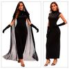 Women Vampires Witch Sleeveless Long Dress with Hooded Cloak Gloves and Thong Set for Halloween Cosplay and Themed Event