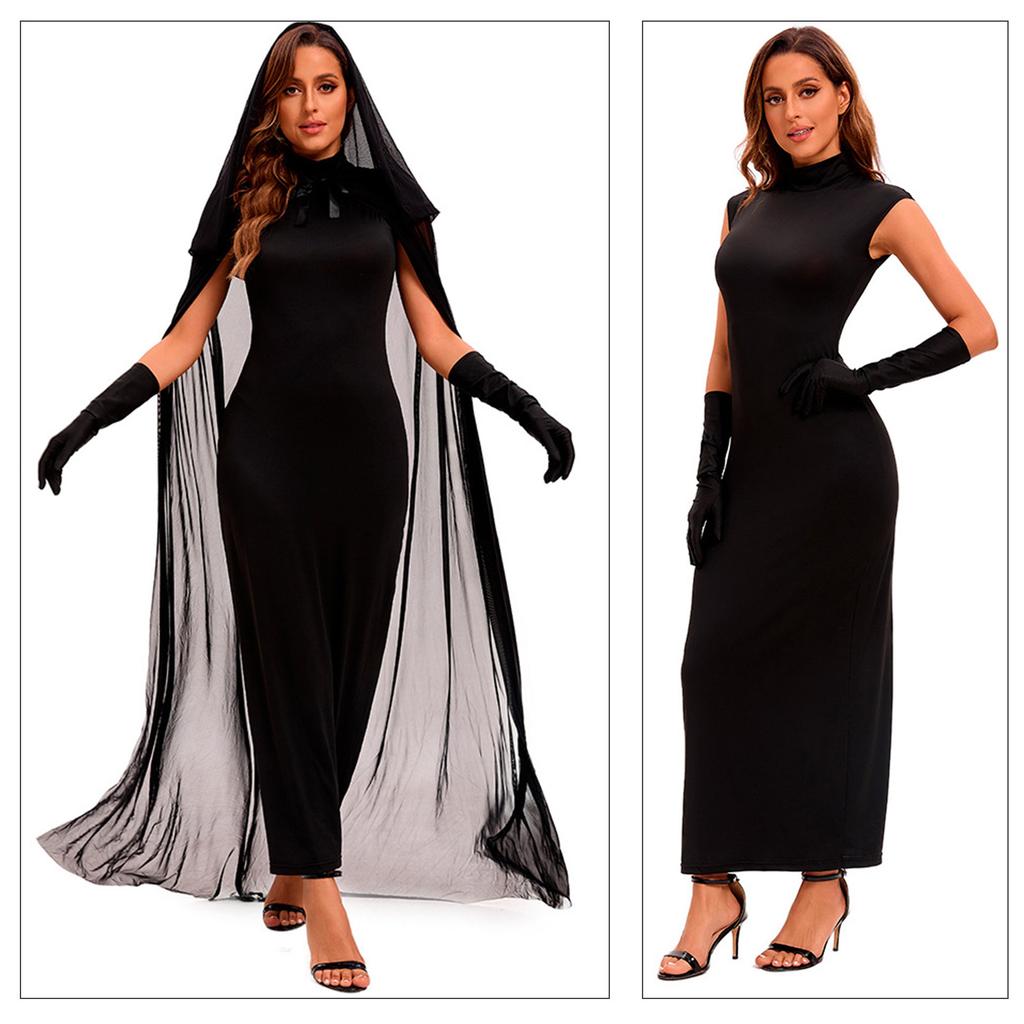 Women Vampires Witch Sleeveless Long Dress with Hooded Cloak Gloves and Thong Set for Halloween Cosplay and Themed Event