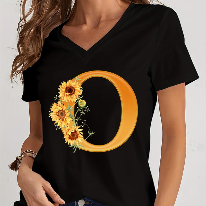 Unisexs Vneck Graphic Shirts Orange Az Alphabet Sunflowers Short Sleeves Harajuku Fashion Girl Casual Y2k Trend Tshirts Top