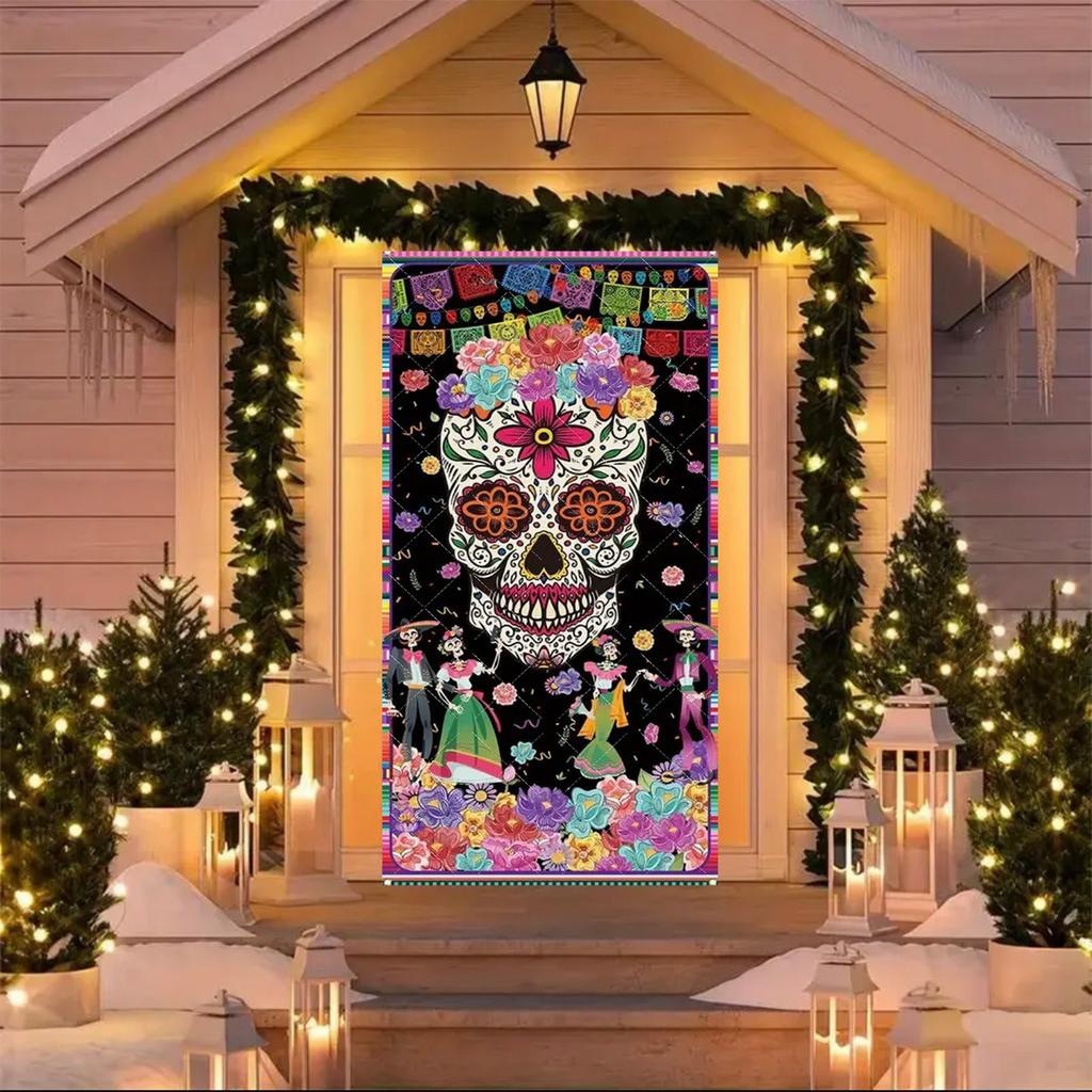 Copri Porta Giorno dei Morti Messicano Sfondo Scena Giorno dei Morti Decorazione Festa Fiore Messicano Teschio Scheletro Candela Striscione Festa