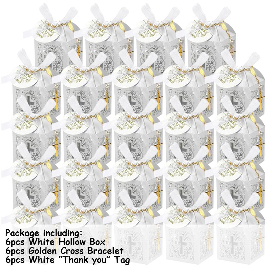 

6-24pcs Elegant White Hollow Cross Gift Box with Golden Color Cross Pearl Bracelet Wedding Baptism Favors Gift Box Baptism Gifts As picture show