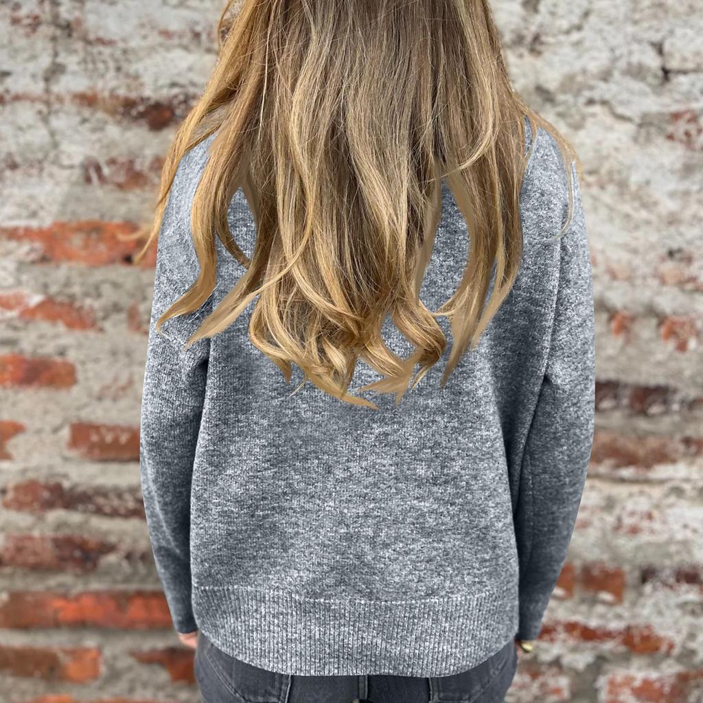 Ladies' Casual Stand Up Collar Knitted Sweater, Solid Color Button Casual Loose Sweater