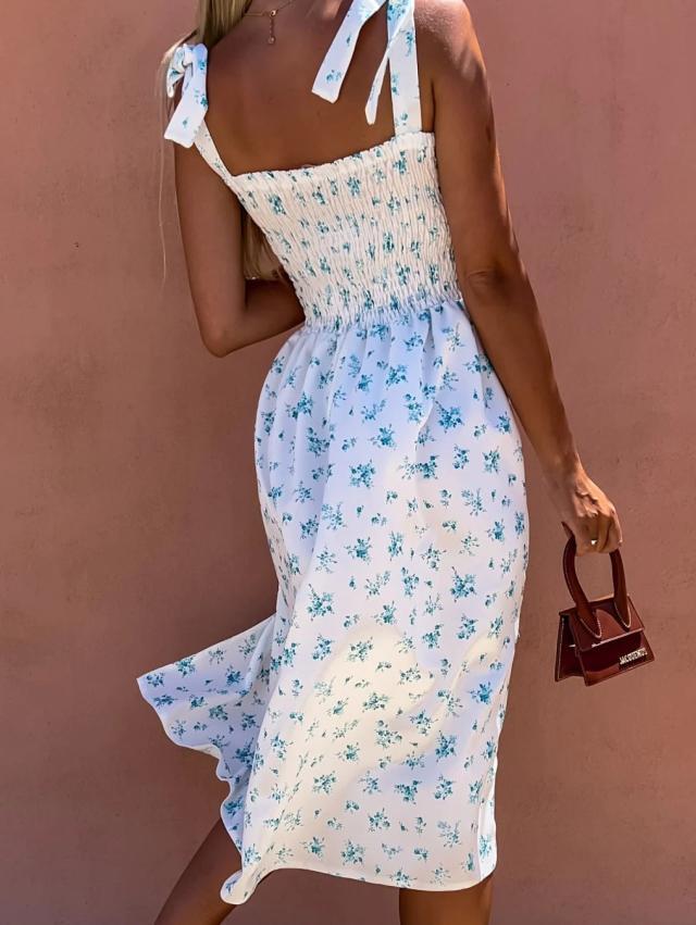 2022 Spaghetti Strap Waist-Cinching Slit Dress for Women