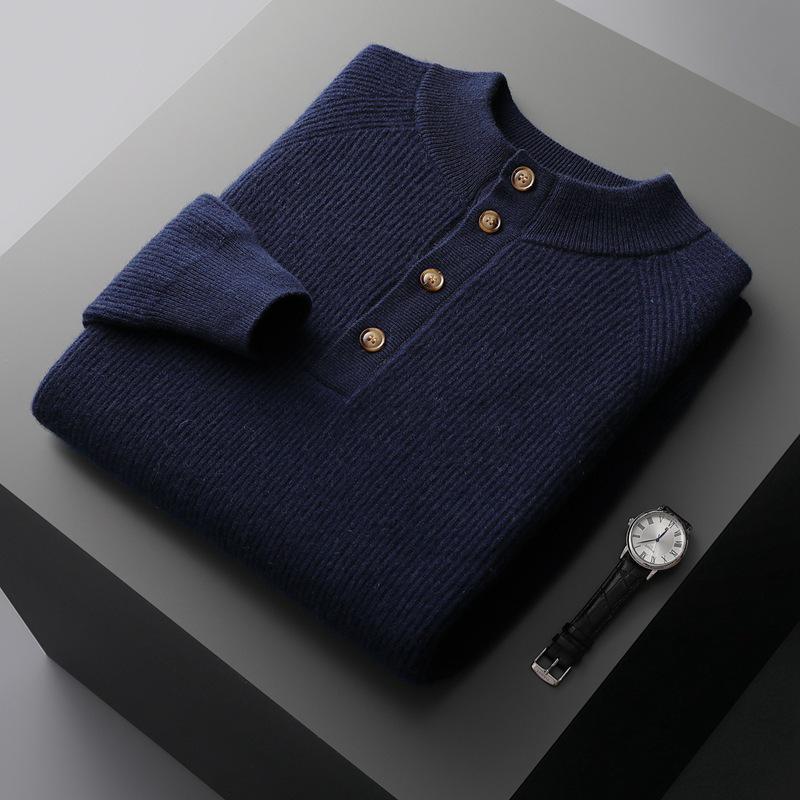 2025 Spring Men s Cashmere Loose Half-High Collar Long Sleeve Button-Up Pullover Sweater M